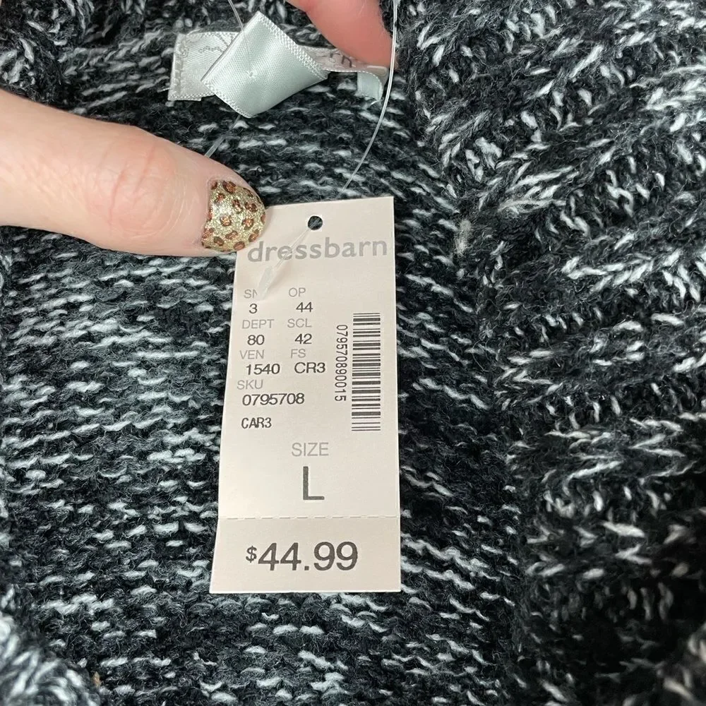 NWT dressbarn Cowl Neck Black, Gray and White Knit Long Sweater Size L